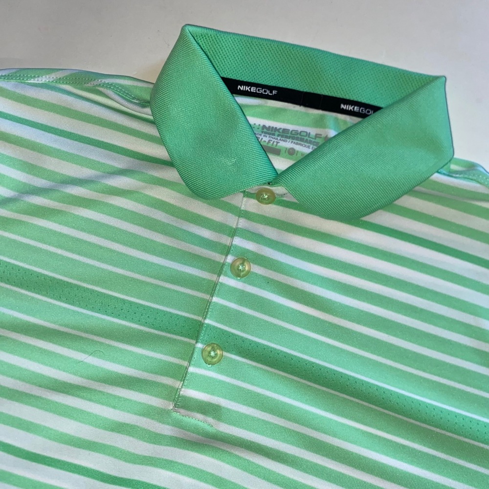 Nike Golf Tour Performance Dri-FIT Mens Green White Striped Polo Shirt Medium
